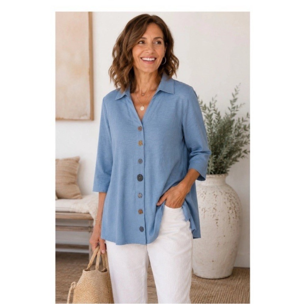 Soft Surroundings Danielle Button Top Tunic Gray/Green Large Boho Buttons Cotton